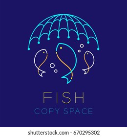 Fish, Fishing net and Air bubble logo icon outline stroke set dash line design illustration isolated on dark blue background with Fish text and copy space