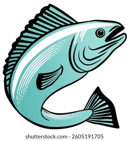Fish Fishing Realistic Fish Black Line Art Green Gradient Color Drawing Illustration