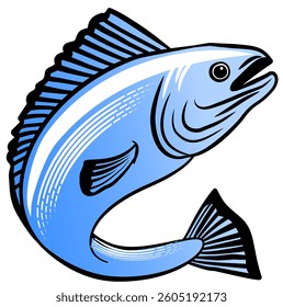 Fish Fishing Realistic Fish Black Line Art Blue Gradient Color Drawing Illustration