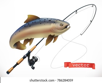 Fish And Fishing Rod. 3d Vector Icon