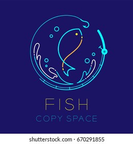 Fish, Fishing rod circle shape, Water splash and Air bubble logo icon outline stroke set dash line design illustration isolated on dark blue background with Fish text and copy space