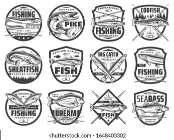 Fish, Fishing Rod And Hook Vector Badges Of Fisherman Club Design. Ocean Tuna, Salmon And Sea Bass, River Pike, Catfish And Carp, Mackerel, Dorado And Anchovy, Trout Or Cod Symbols With Fishing Tackle