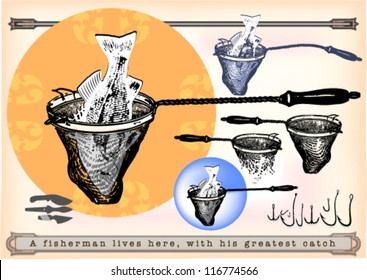Fish in the fish-net with handle with set of hooks and knives