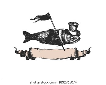 Fish with a flag in a tuxedo and top hat. Vintage illustration for the logo, packaging design element, your design.