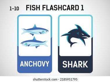 Fish flashcards for kids. Educational cards for preschool. Printable vector illustration