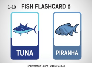 Fish flashcards for kids. Educational cards for preschool. Printable vector illustration