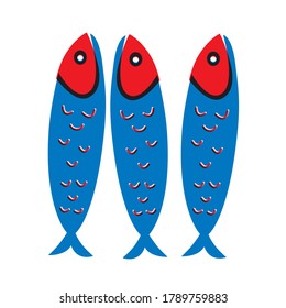 Fish flat abstract vector illustration. Seafood icon. Red blue colors. Hand drawn illustrations. Can be use for menu, pack. 