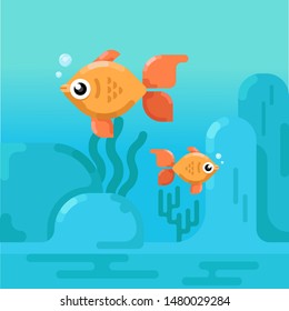 FISH FLAT ART ILLUSTRATION IN A AQUARIUM WITH CORAL, SEAWEED AND ROCK BACKGROUND