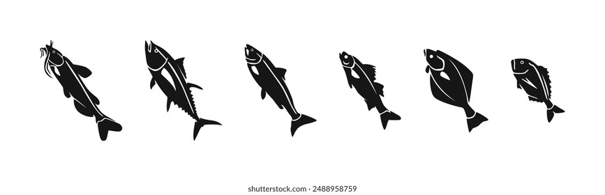 Conjunto de silueta negra plana Fish. Iconos de peces.
