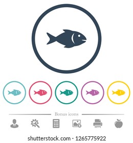 Fish flat color icons in round outlines. 6 bonus icons included.