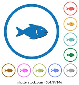 Fish flat color vector icons with shadows in round outlines on white background