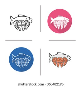 Fish flat design, linear and color icons set. Salmon fish steak symbols. Contour and long shadow logo concepts. Isolated vector illustrations