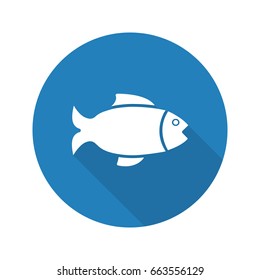 Fish flat design long shadow glyph icon. Grocery store seafood sign. Vector silhouette illustration