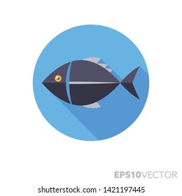 Fish flat design round icon. Color symbol of marine life and seafood. Long shadow vector illustration in a circle isolated on white background.