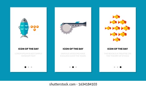 Fish flat icon set. Salmon caviar, puffer fish, goldfish isolated sign pack. Underwater life, cuisine, angling concept. Vector illustration symbol elements for web design