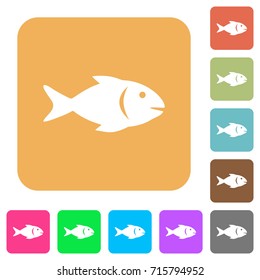 Fish flat icons on rounded square vivid color backgrounds.