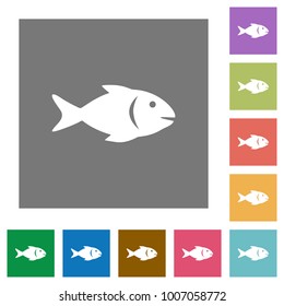 Fish flat icons on simple color square backgrounds