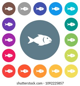 Fish flat white icons on round color backgrounds. 17 background color variations are included.