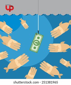 Fish float on money. Dollar on hook Hands are drawn to cash. Business illustration