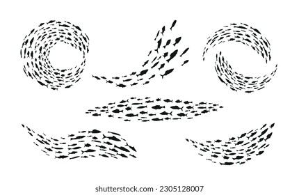 Fish flock floating different shape monochrome black silhouette set vector illustration. Group of marine aquatic underwater animals swimming aquarium wildlife deep nature sea ocean marine habitat