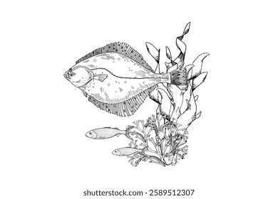 Fish flounder, Coral Reefs, and Flowing Seaweed black white vector Ocean Life illustration. Hand Drawn engraving Marine creatures. Flatfish and sea plants monochrome drawing for Design scrapbooking.