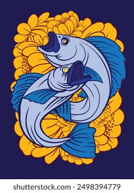 fish and flower pattern for sukajan is mean japan traditional cloth or t-shirt with digital hand drawn Embroidery Men T-shirts Summer Casual Short Sleeve Hip Hop T Shirt Streetwear