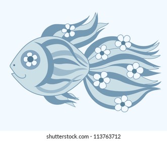 Fish with flowers. Cartoon vector illustration.