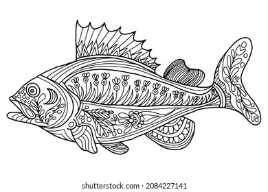 fish with flowers in folk style drawn on a white background for coloring, vector