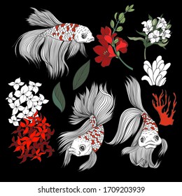 Fish and flowers in graphic style isolated. Vector.