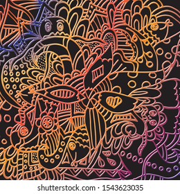 Fish and flowers. Psychedelic pattern. For meditation, soothing, twisting elements. Doodle drawn by hand.