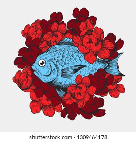 Fish with flowers. Vector illustration Great for t-shirt, print.