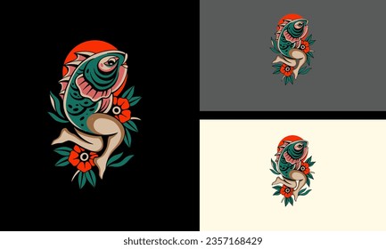 fish and flowers vector mascot design