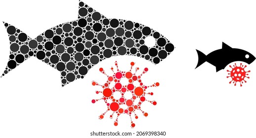 Fisch-Grippe-Virus, Vektormosaik von Punkten in verschiedenen Größen und Farbtönen. Rundpunkte werden zu einer Vektorgrafik des Fischgrippevirus zusammengesetzt. Abstrakte Vektorgrafik.