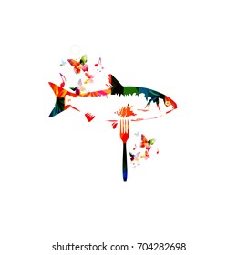 Fish food design vector illustration. Colorful fork with fish isolated for restaurant poster, restaurant menu, fish food, seafood cuisine