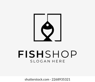 Fish Food Fishing Seafood Fresh Shop Store Square Border Flat Line Minimal Icon Vector Logo Design