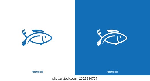 Fish Food Logo. Fish and Fork, Spoon with Minimalist Style. Seafood Logo, Icon, Symbol, Vector, Design Inspiration.
