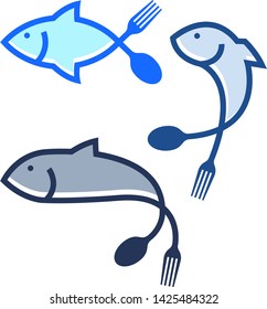 Fish food logos with fork and spoon sign, Seafood and Restaurant Business Concept, Vector illustration