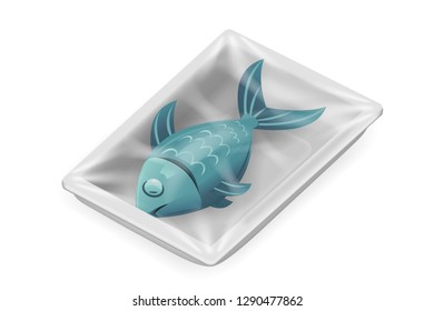 Fish food pack isolated meat isometric disposable realistic 3d shop package box design vector illustration