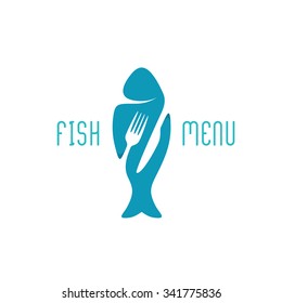 Fish Food Restaurant Menu Title Logo. Silhouette Of A Fish With Negative Space Style Fork And Knife Cutlery.