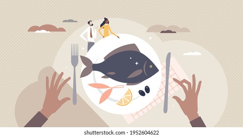 Fish food restaurant and seafood kitchen product menu tiny person concept. Cooking and eating delicious menu for vitamin D vector illustration. Tasty dinner meal eating with mediterranean cuisine diet