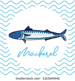 Fish for food. Vector illustration in a modern style. Picture of fish on a stylized sea background. Cartoon mackerel design. 