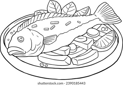Signo vectorial de alimento de pescado, imagen vectorial de estilo lineal, aislado en blanco. conjunto de vectores de línea