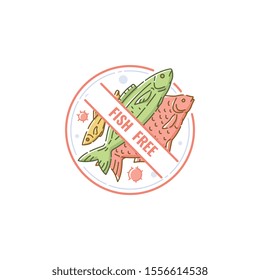 Fish free label for food allergy, circle icon for diet and health information and packaging design, symbol for vegan or dietary restriction product, isolated vector illustration on white background