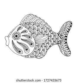 Fish. Freehand doodle illustration. Coloring. Vector. Ornament Decoration for coloring. A relaxing book. The contour is black and white.