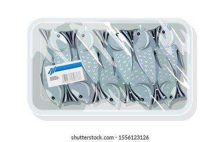 Fish freeze. Raw, marinated or smoked walleye pollock, herring, crucian carp, capelin are on plastic tray under transparent kitchen food wrap, clingfilm with label. Vector isolated on white.