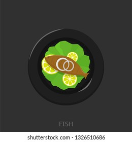 Fish. Fried fish with lemons, green salad and onion on the black plate Seafood Top view Vector illustration