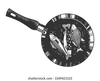 Fish is fried in pan sketch engraving vector illustration. Tee shirt apparel print design. Scratch board style imitation. Black and white hand drawn image.