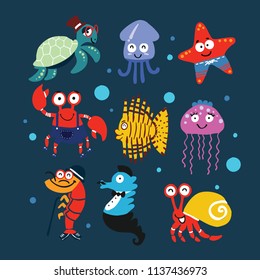 fish and friend in the blue sea cartoon vector set animal character