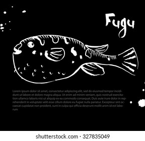 Fish fugu. Wine sketch. Vector isolated illustration. Ink. Hand drawn. Illustration for cooking site, menus, books.