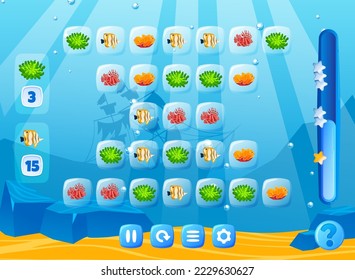 Fish game, art sea underwater world, nature element, interface with level selection screen, cartoon style vector illustration.